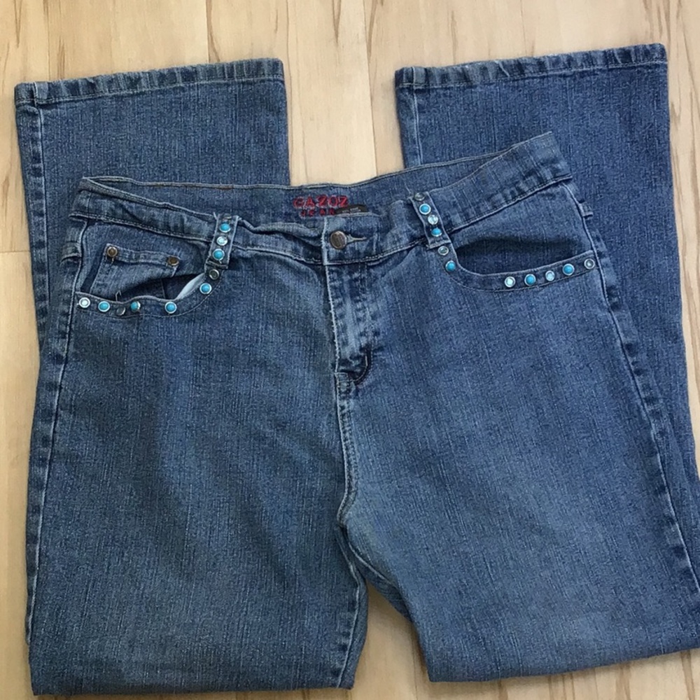 Vintage Embellished Silver Faux Turquoise Studded‎ Embroidered Bell Bottom Jeans
